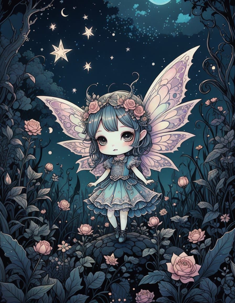 Creepy Cute Fairy Monster in Manga Style Garden