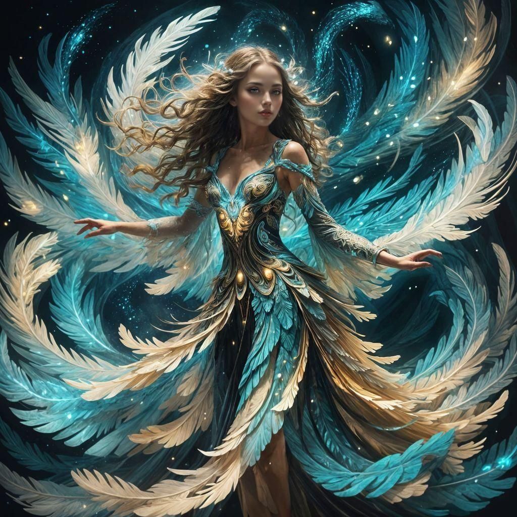 Bioluminescent Fantasy Dancer in Feather Vortex
