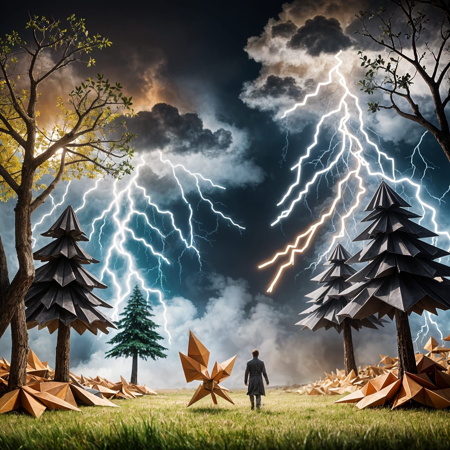 Origami Papercraft Lightning Storm in Anime Style