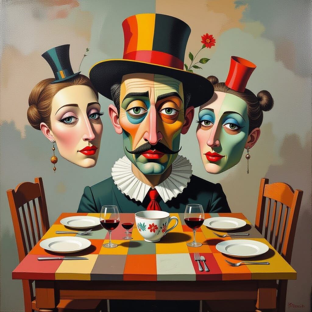 Surrealist Table Faces Oil Painting