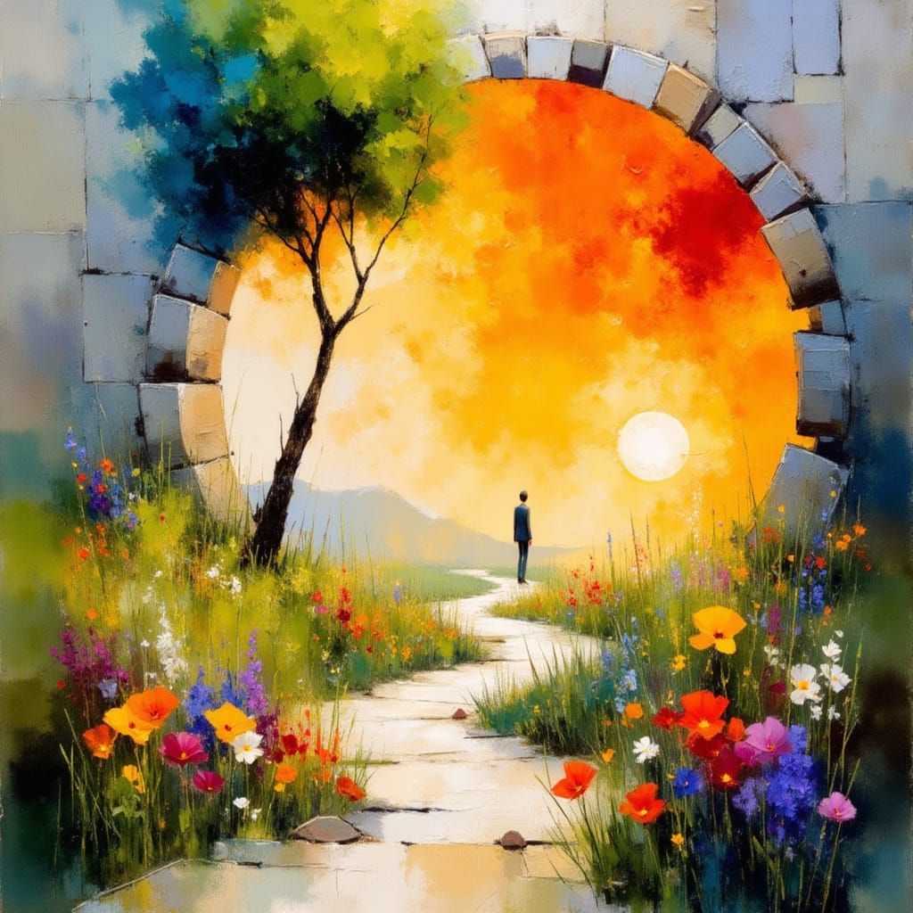 A Young Man Walks on a Vibrant Winding Path in a Dreamlike W...