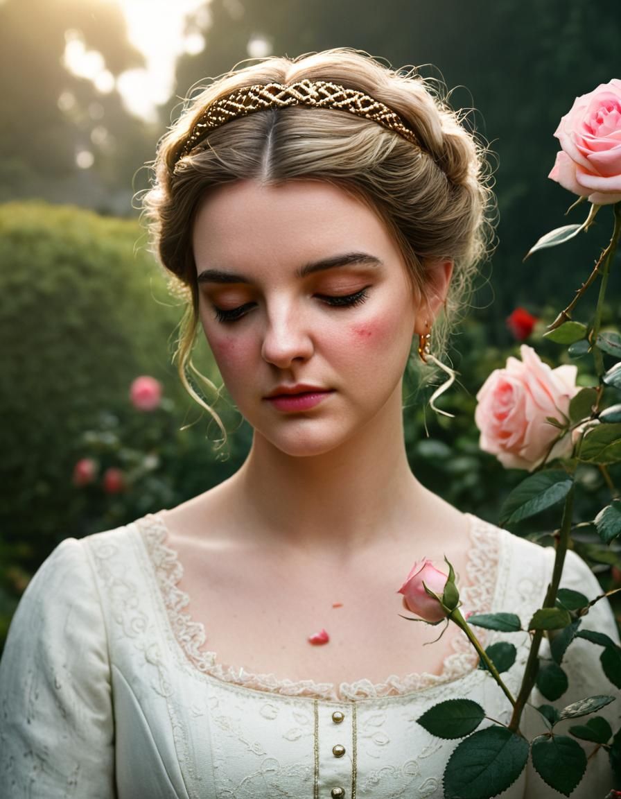 Heartbroken Woman in English Garden in Art Nouveau Style