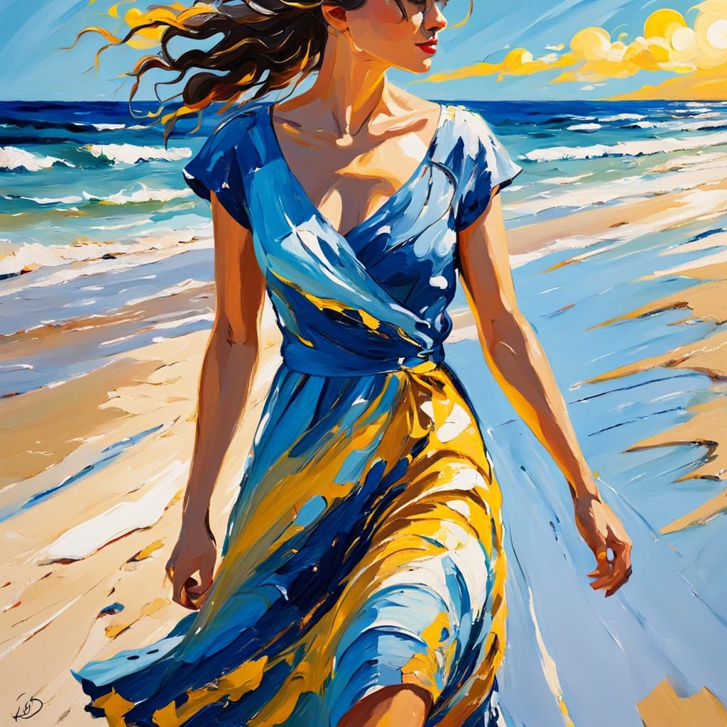 Vibrant Abstract Painting of Woman on Beach