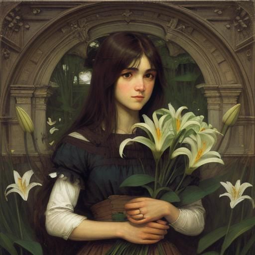Woman with Lilies in Pre-Raphaelite Style
