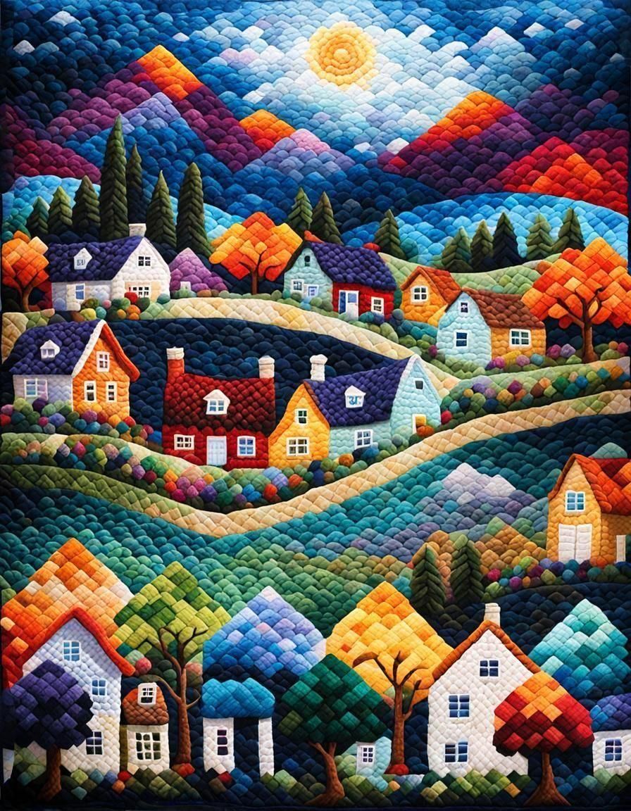Country Village Quilted Blanket in Photorealistic Style
