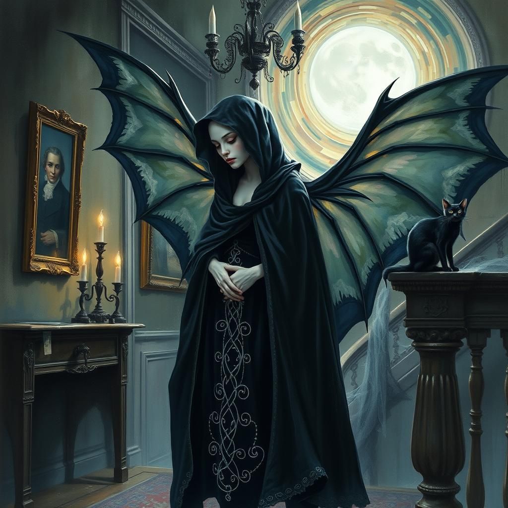 Dark Fairy Elf in Haunted House as Impasto Art