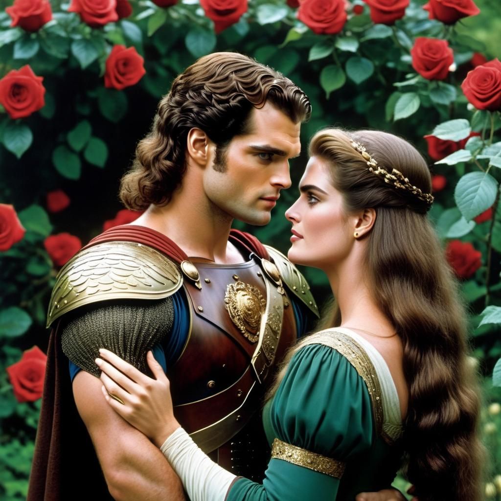 Romantic Embrace in Rose Garden, Klimt Style