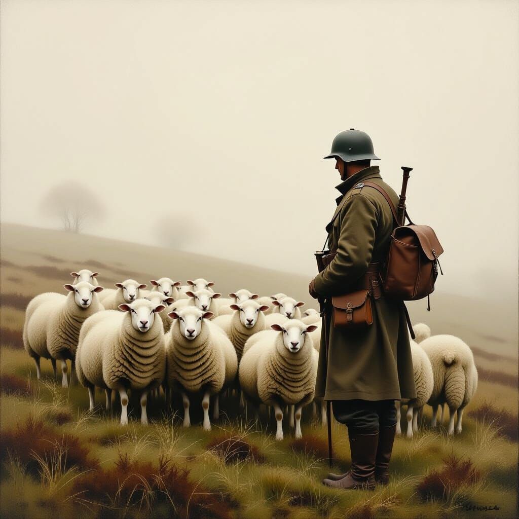 Sheep Herder in WWII Helmet on Misty Moor