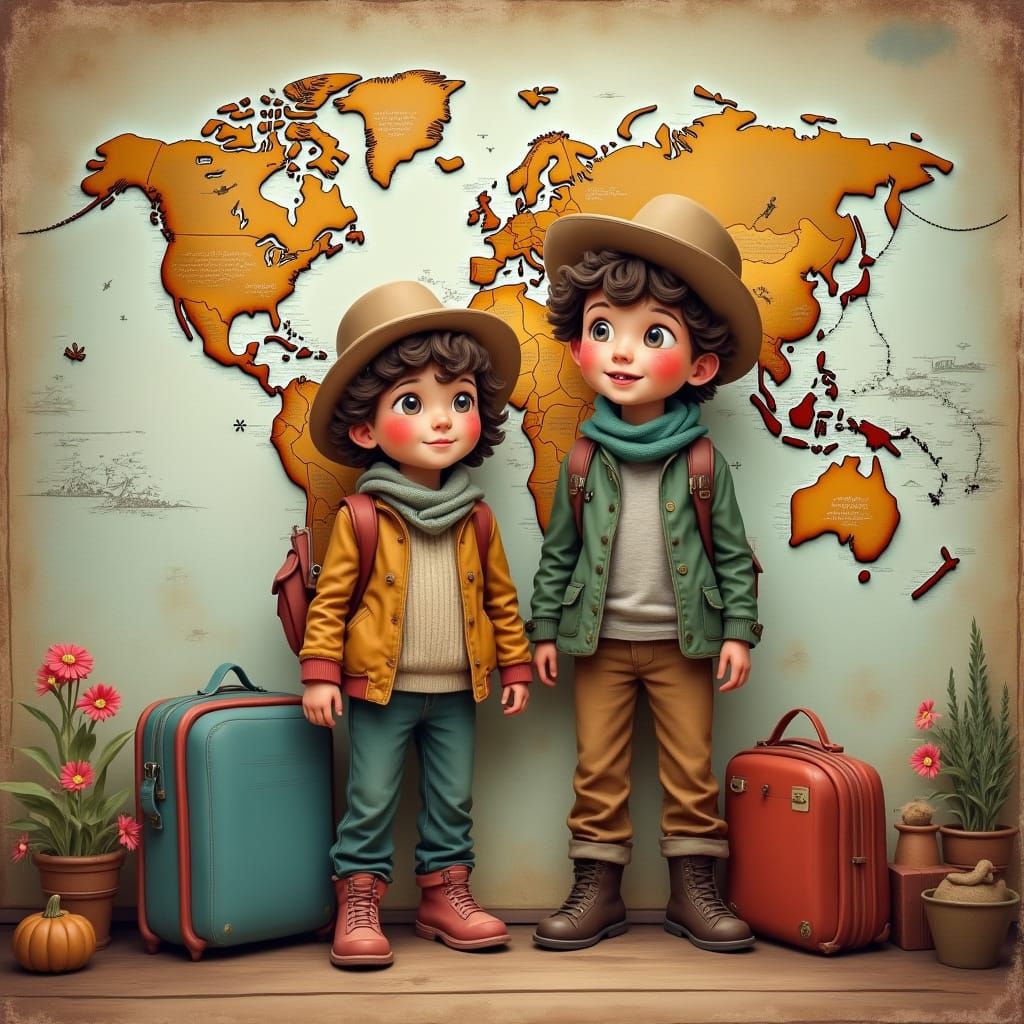 Whimsical Traveling Duo in Front of a Vintage World Map