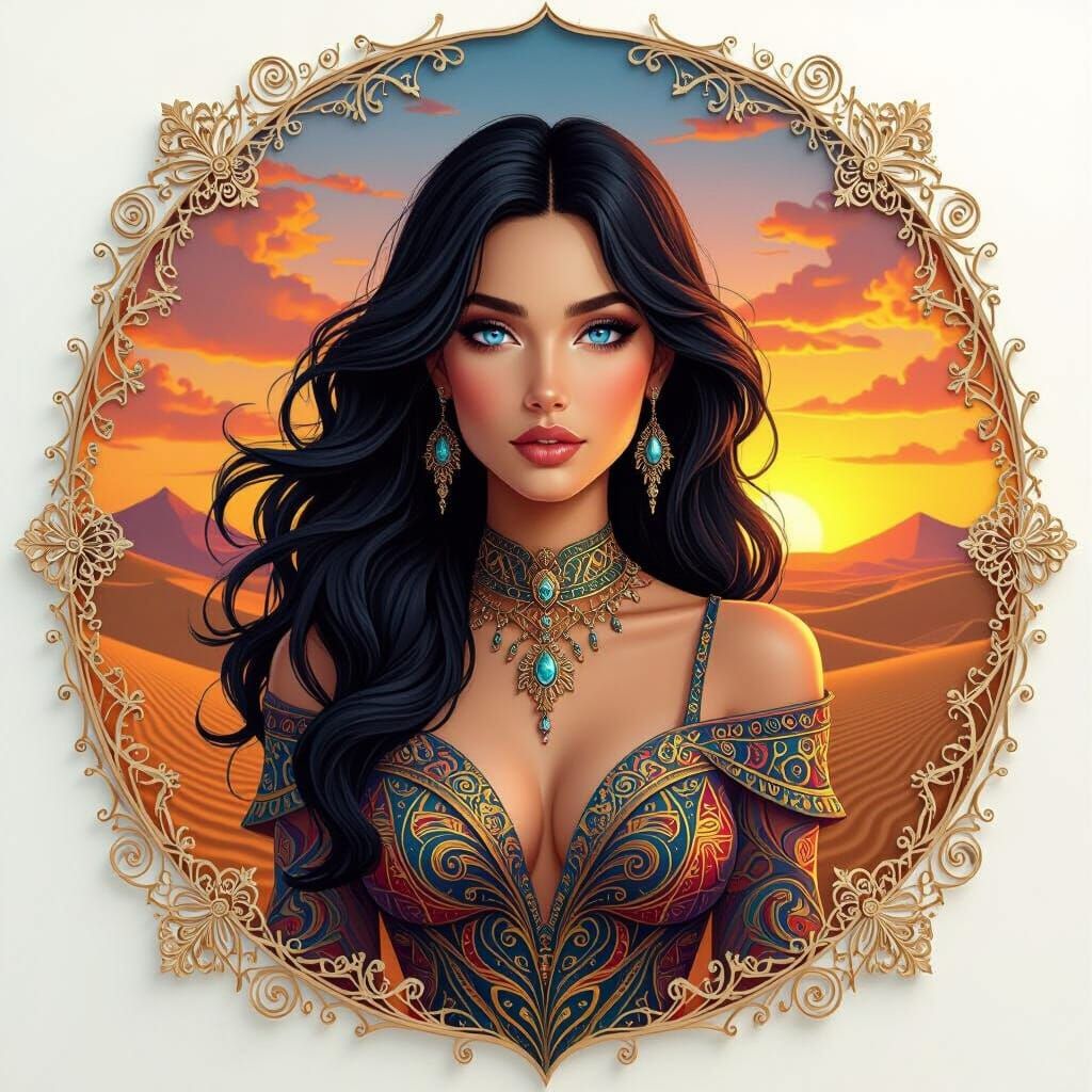 Sorceress in Desert Oasis Sunset, Paper-Cut Style