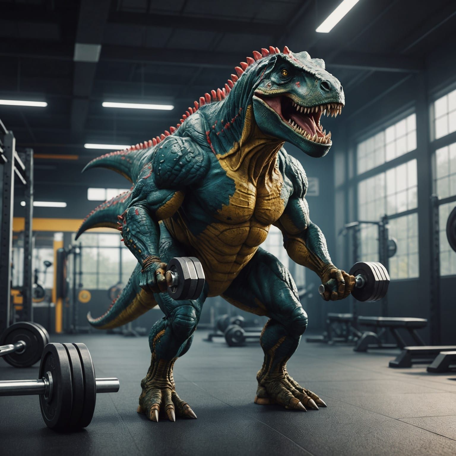 Tyrannosaurus Rex Working Out in Fitness Club