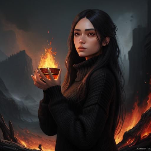 Girl Surrounded by Fire: Detailed Matte Painting