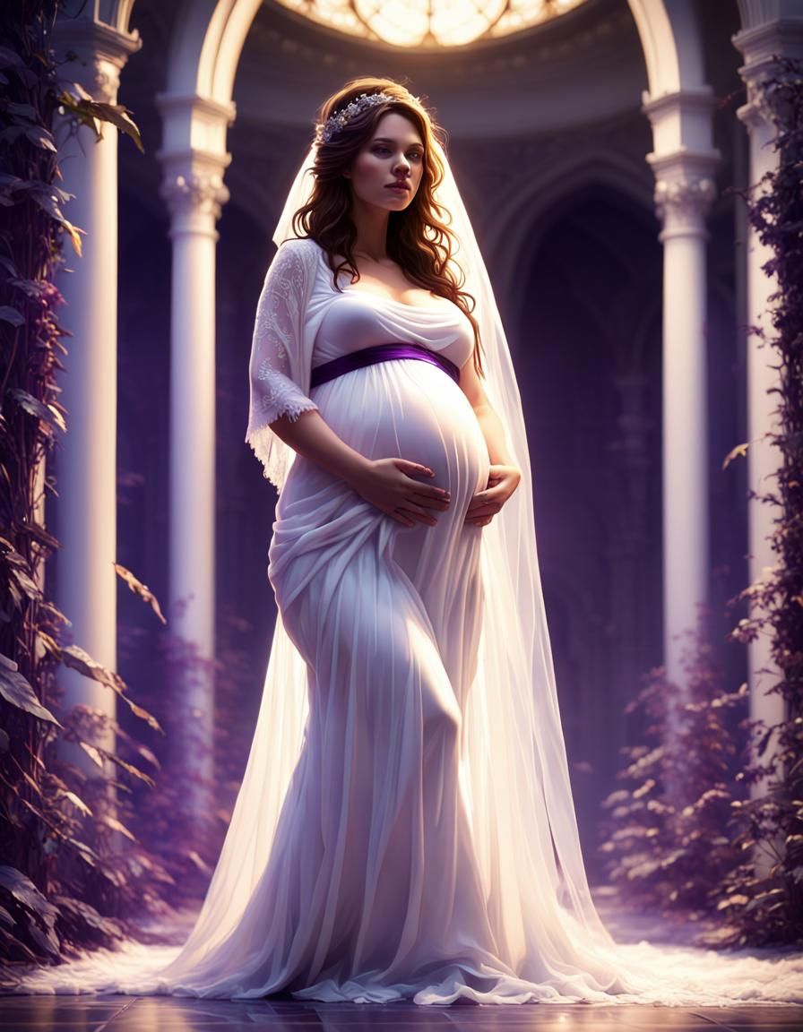 Pregnant Bride in White Dress, Art Nouveau Style