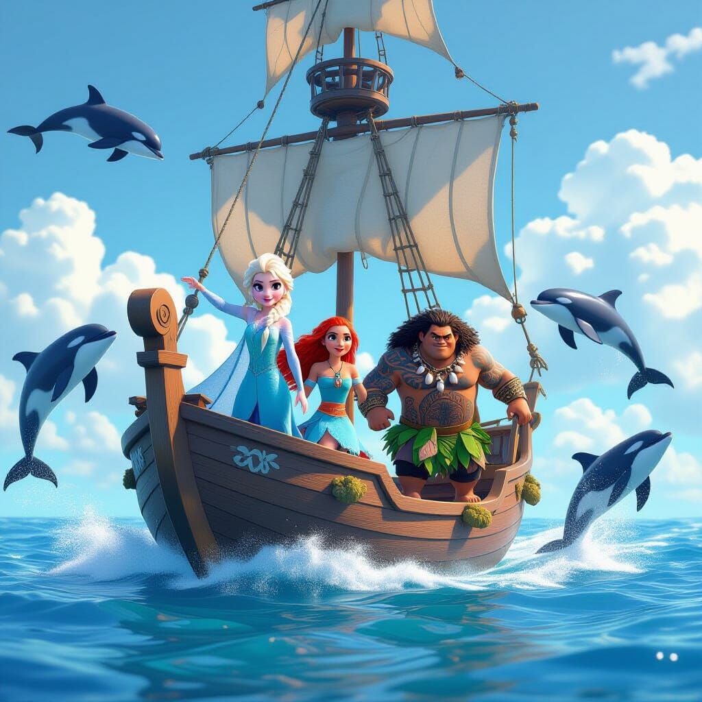 Elsa, Moana, and Maui Sail in Anime Style