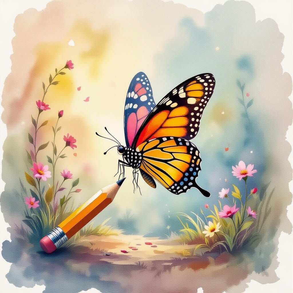 Watercolor Painting of Pencil Transforming into Butterfly