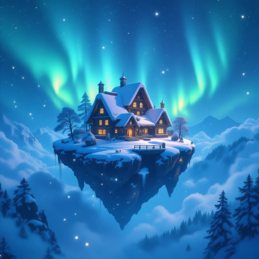 Floating Island Village in Cosmic Nebula