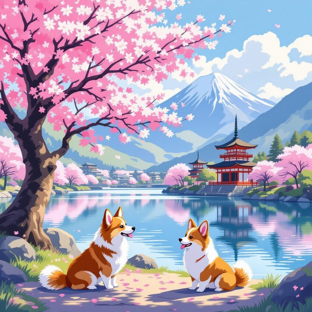 Sakura Tree with Corgi and Cockatoo, Watercolor Style