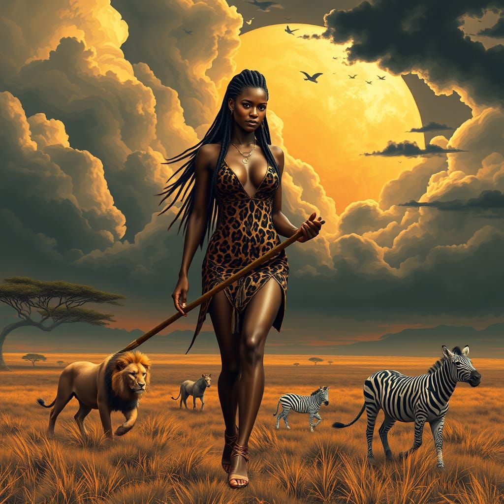 Majestic African Warrior in Abstract Fractal Style