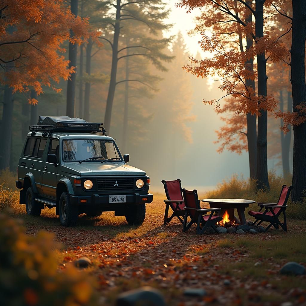 Autumn Dawn Camping Scene with Vintage Van