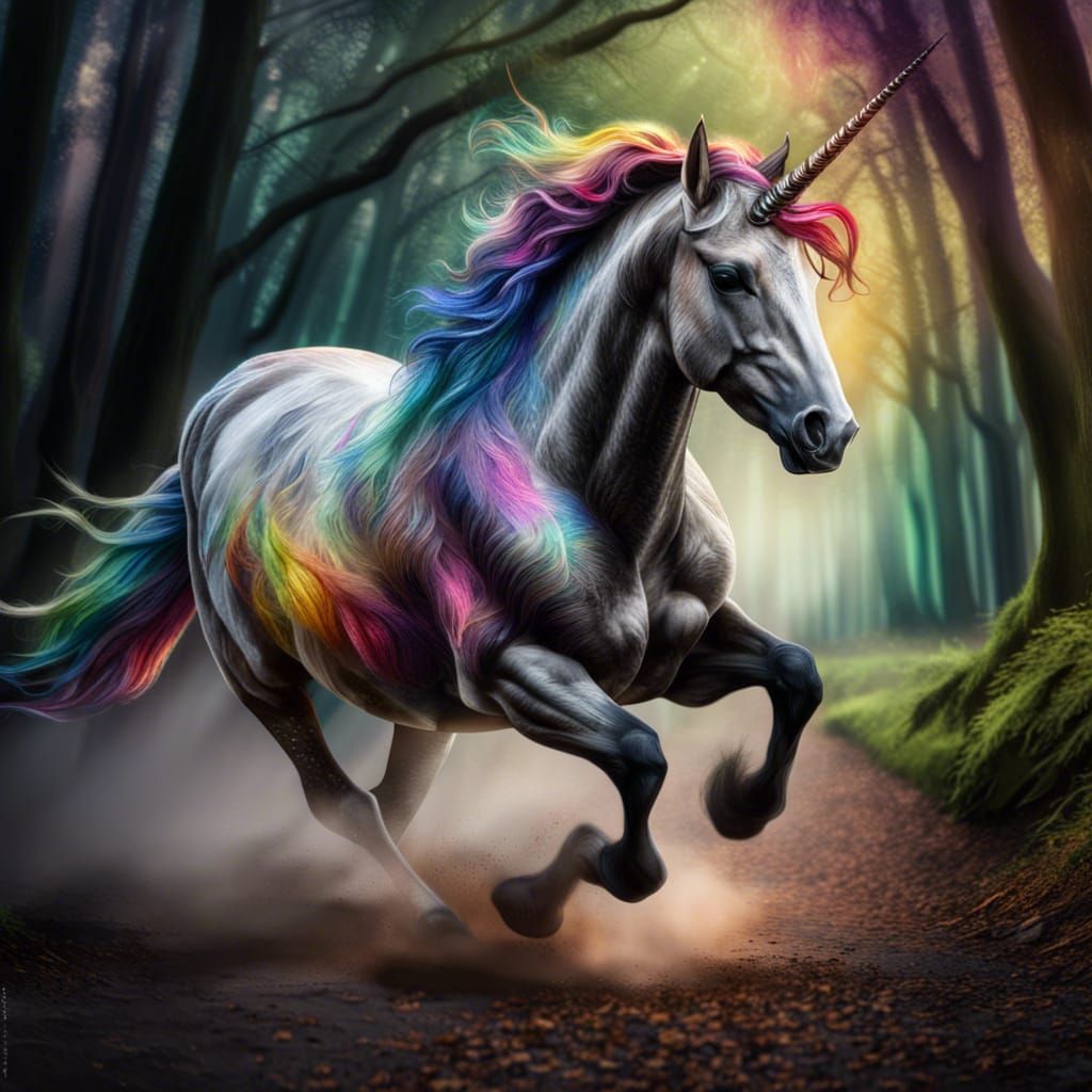 Rainbow Unicorn Galloping Through Forest in HDR