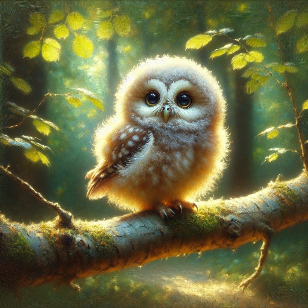 Owl in Woodland Scene as Oil Painting