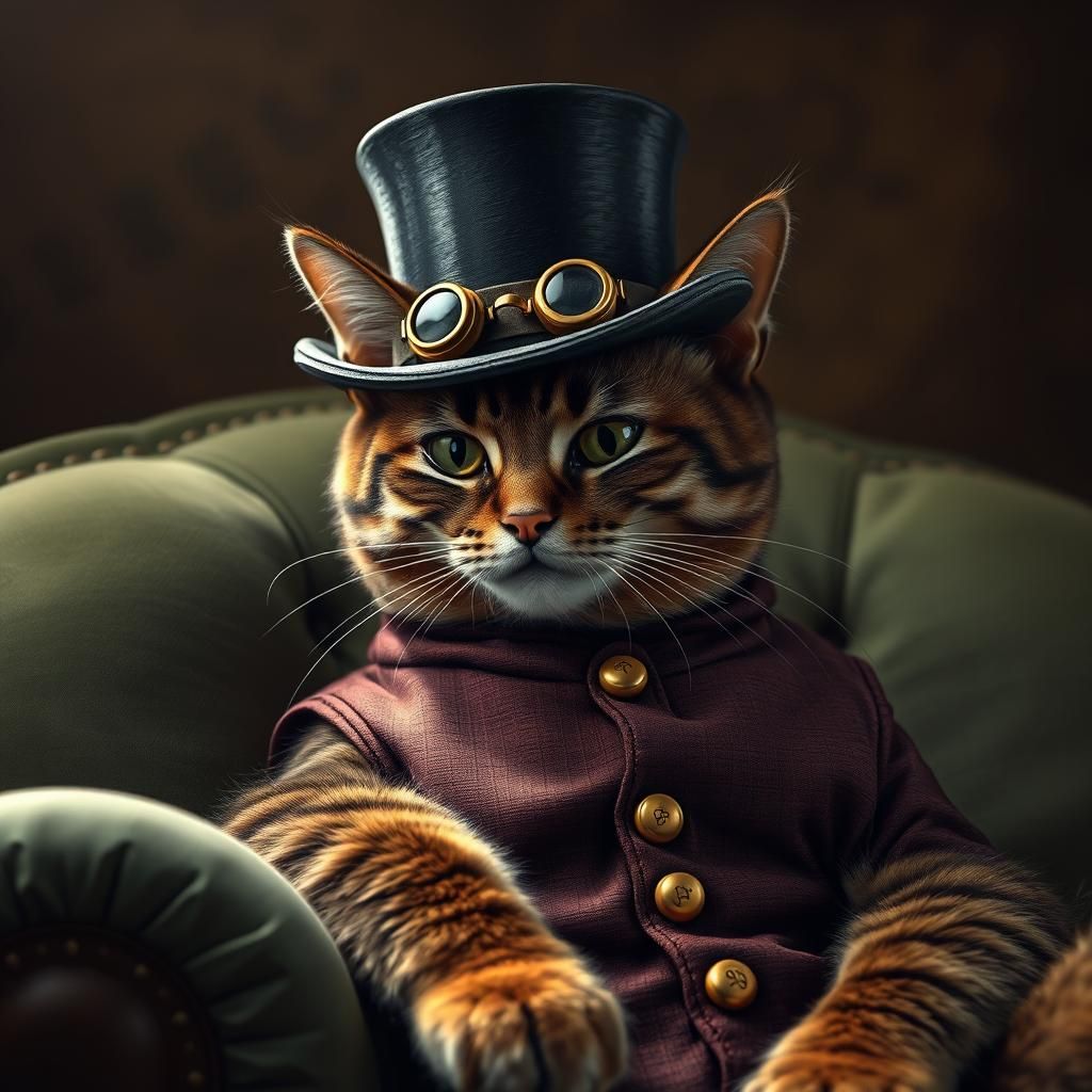 Steampunk Cat in Armchair with Top Hat