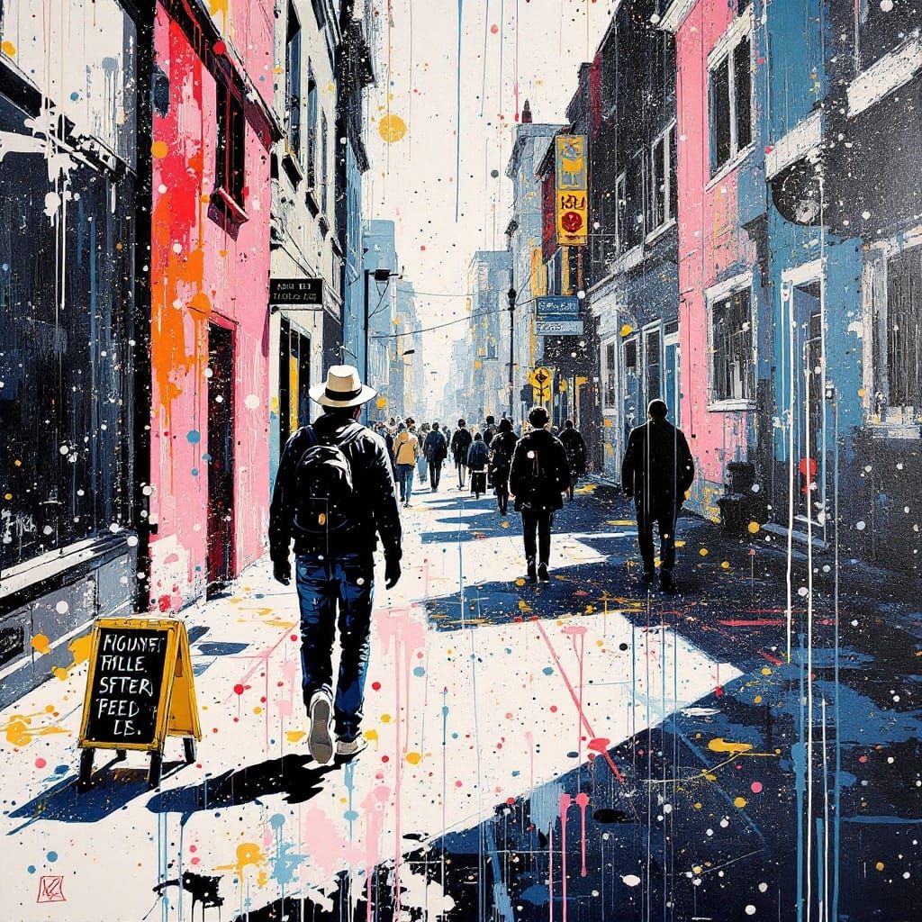 Action Painting: Woman in Geometric Streetscape