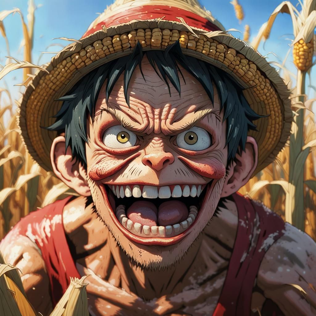 Sinister Portrait of Monkey D. Luffy in Cornfield