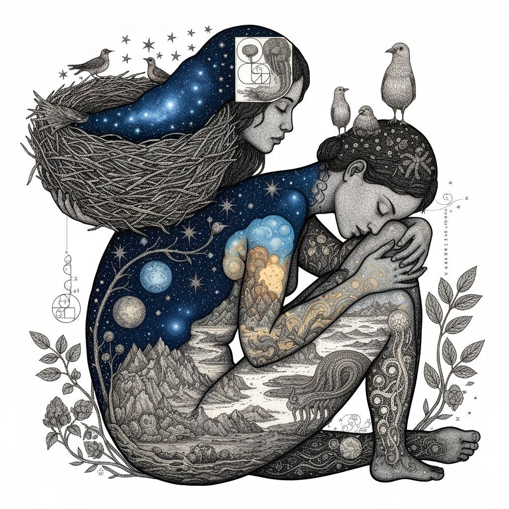 Dreamlike Mindscape: Woman Intertwined with Nature and Stars