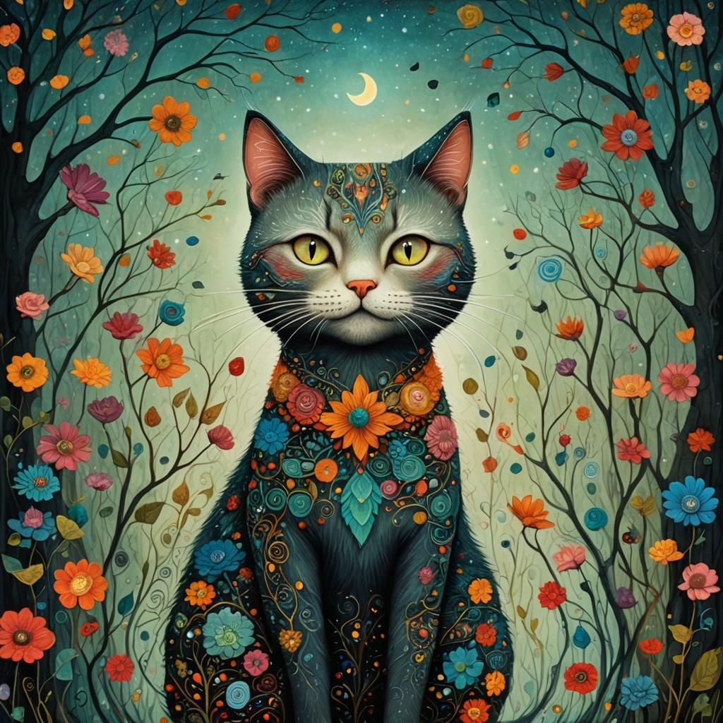 Dreamlike Woman-Cat in Art Brut Style