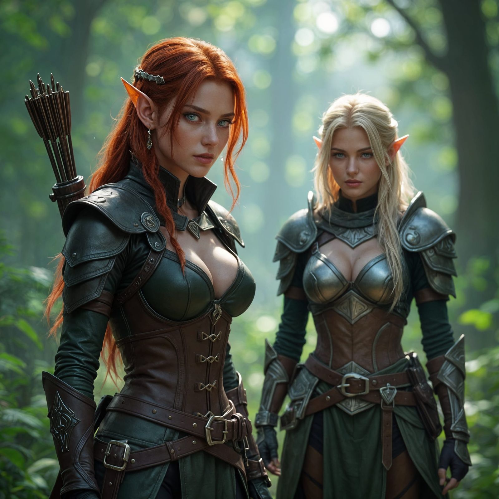 Elf and Human Warriors Tracking Monster in Forest