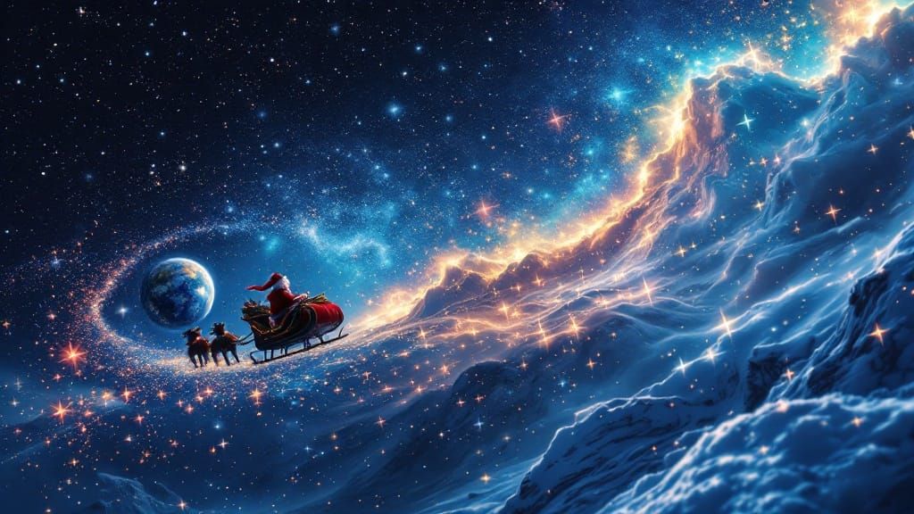 Cosmic Celebration of Stars and Santa's Journey