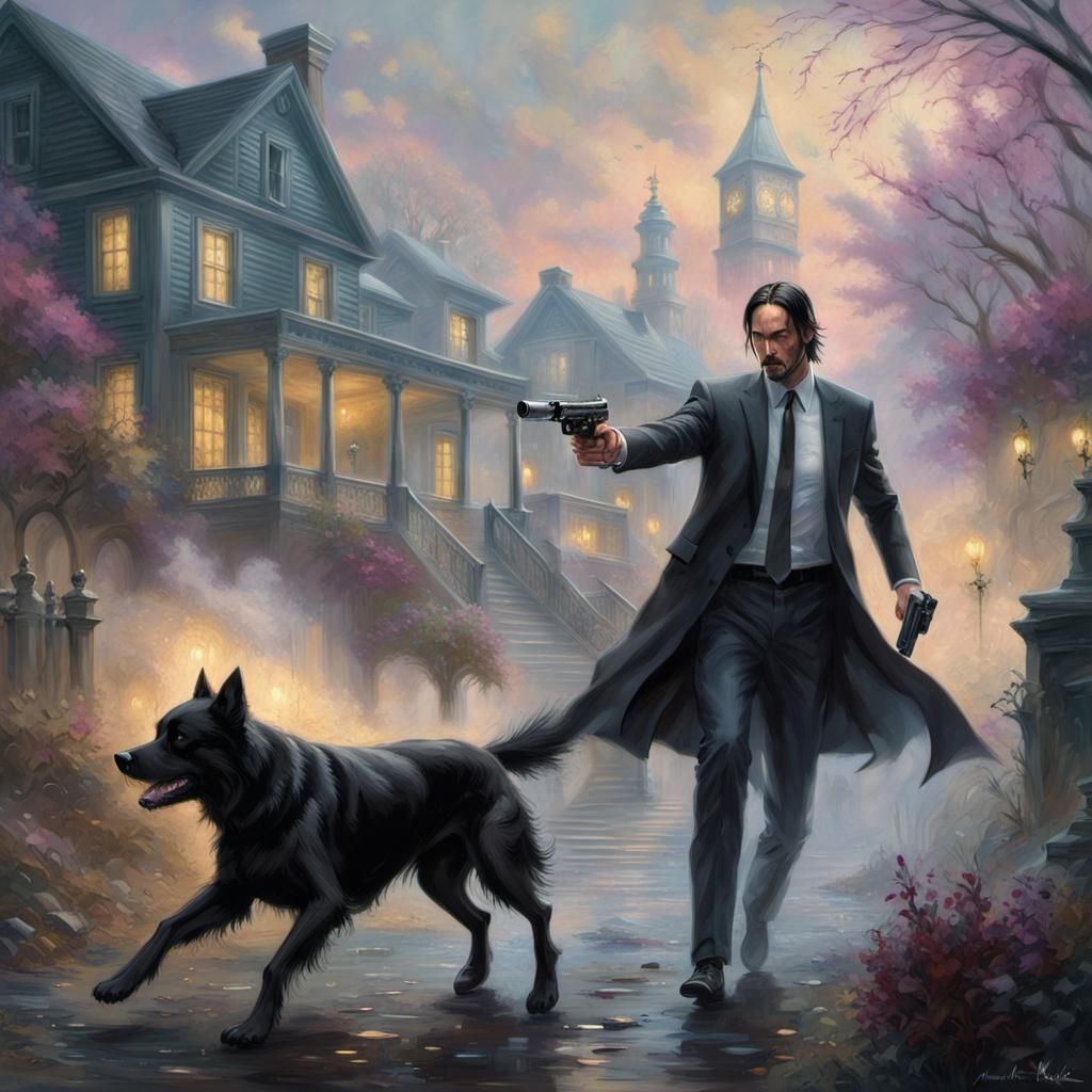 John Wick in Action with Dog, Fantasy Style