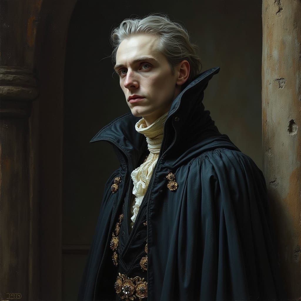 Vampire Lord's Melancholy Grandeur in Gothic Castle