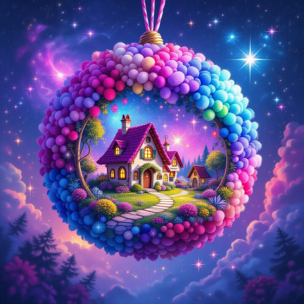 Fairy Village Inside a Galaxy Pompom, Hyper-Realistic Style