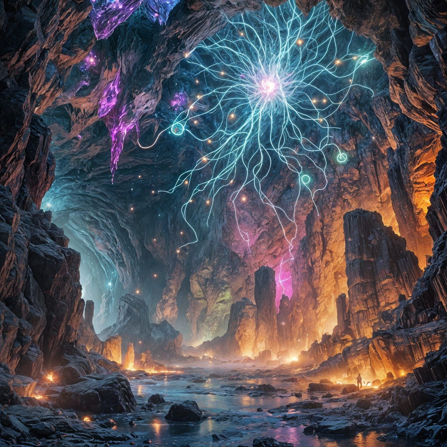 Bioluminescent Neural Network in Crystalline Cave