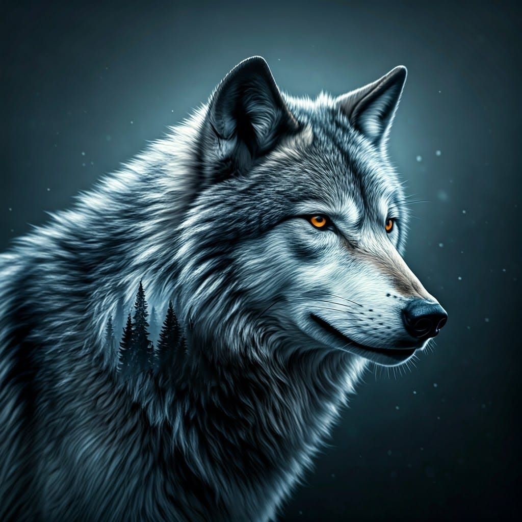 Icy Wolf Double Exposure in Mountain Landscape