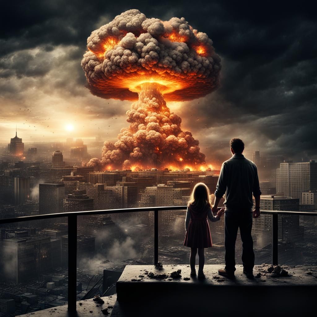 Hyperrealistic Nuclear Explosion Scene with Father and Daugh...