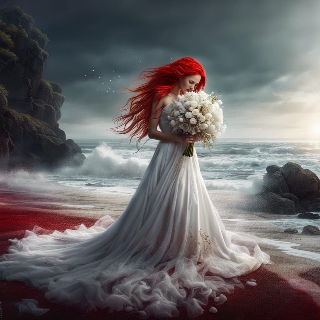 Crying Woman in White Dress, Detailed Matte Painting
