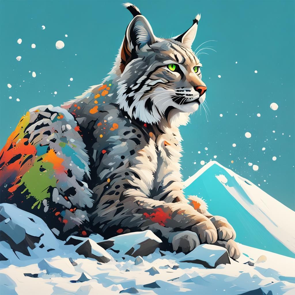 Bobcat on Snow Heap in Graffiti Art Style