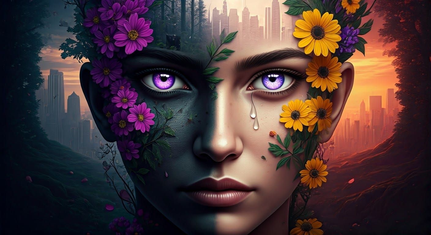 Mystical Dual-Faced Figure in Surreal Digital Art