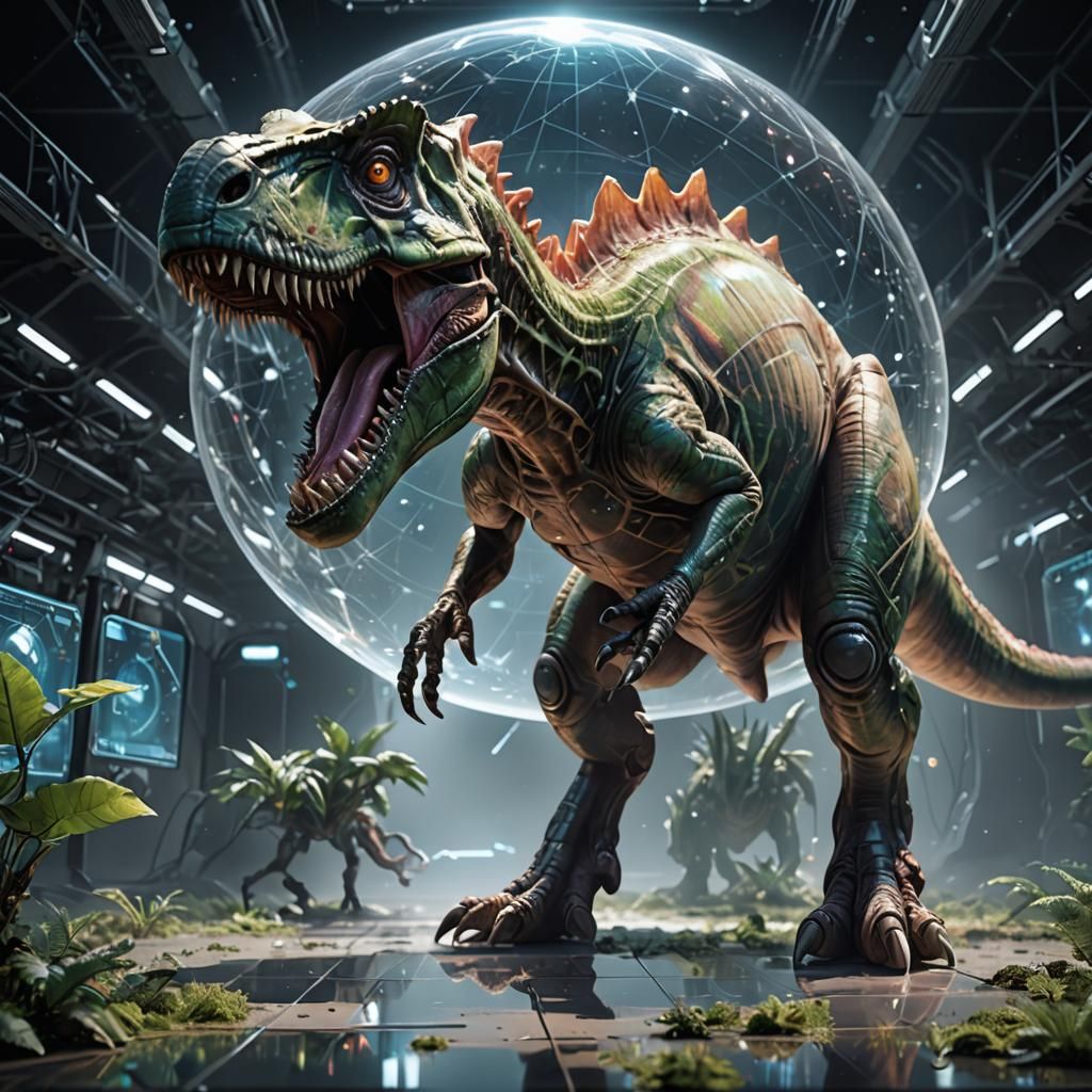 Ethereal Holographic Dinosaur Soars Through Cosmic Vastness....