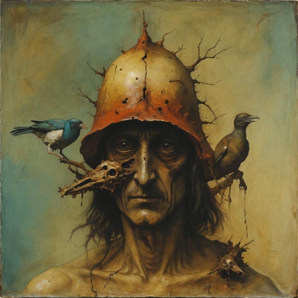 Surreal Man with Bird Head in Oil Paint