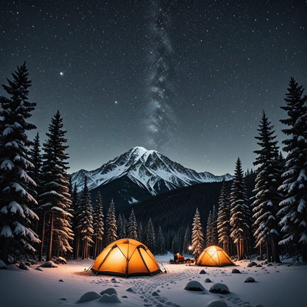Winter Camping Scene Under a Starry Night Sky