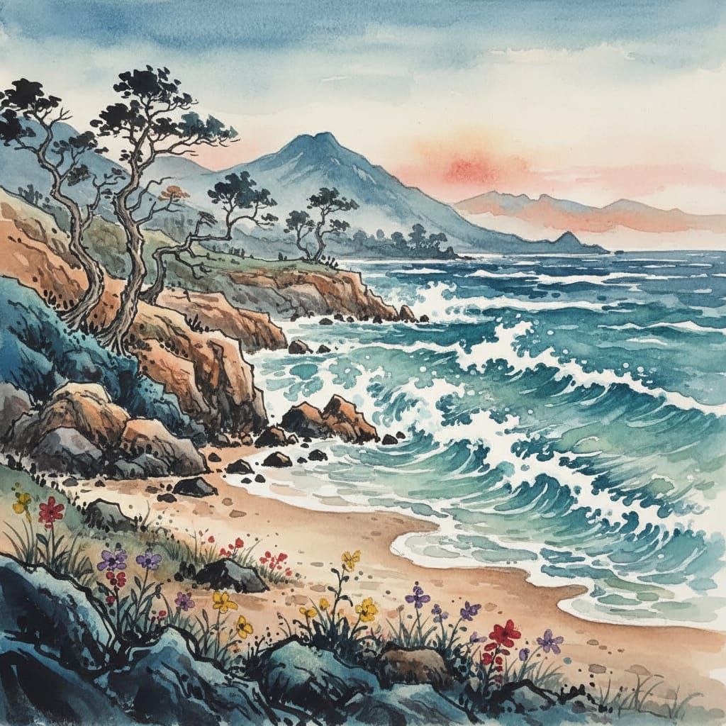 Watercolor Painting of a Stunning Shore Nature Scene