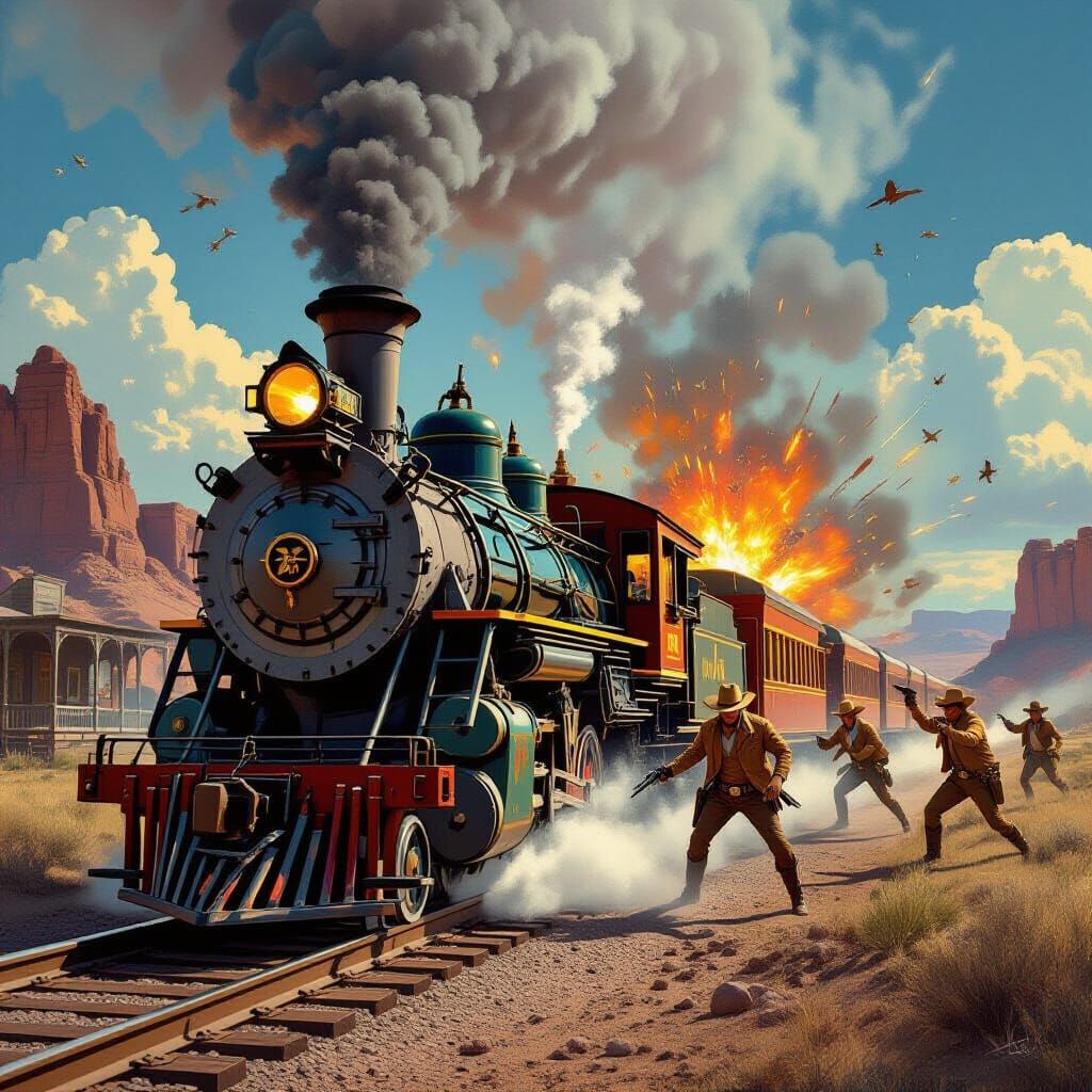 Wild West Train Robbery with Aliens in Splash Art Style