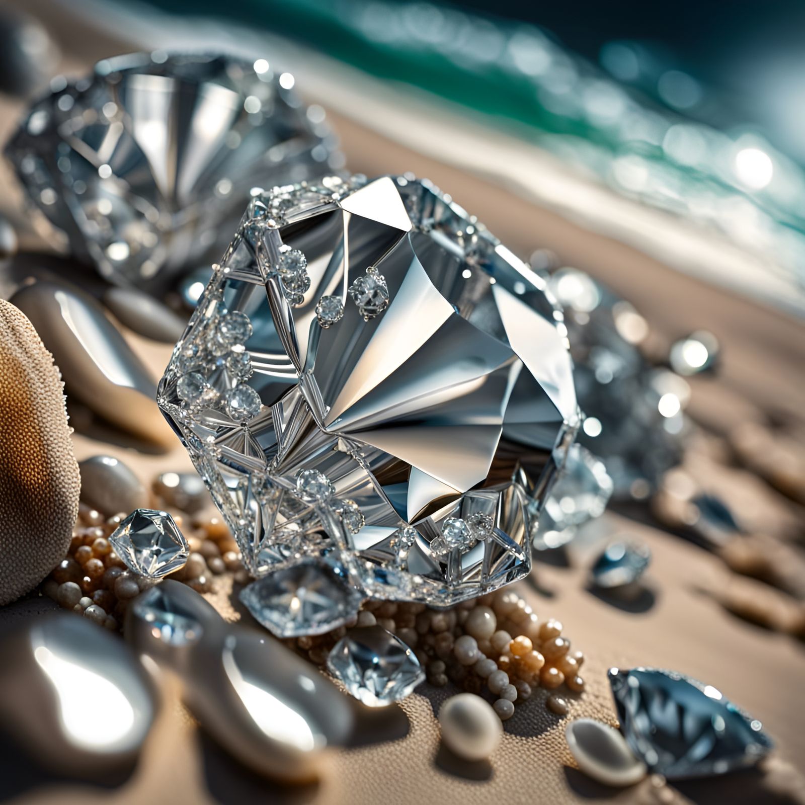 Diamonds Washed Up on a Hyperrealistic Beach