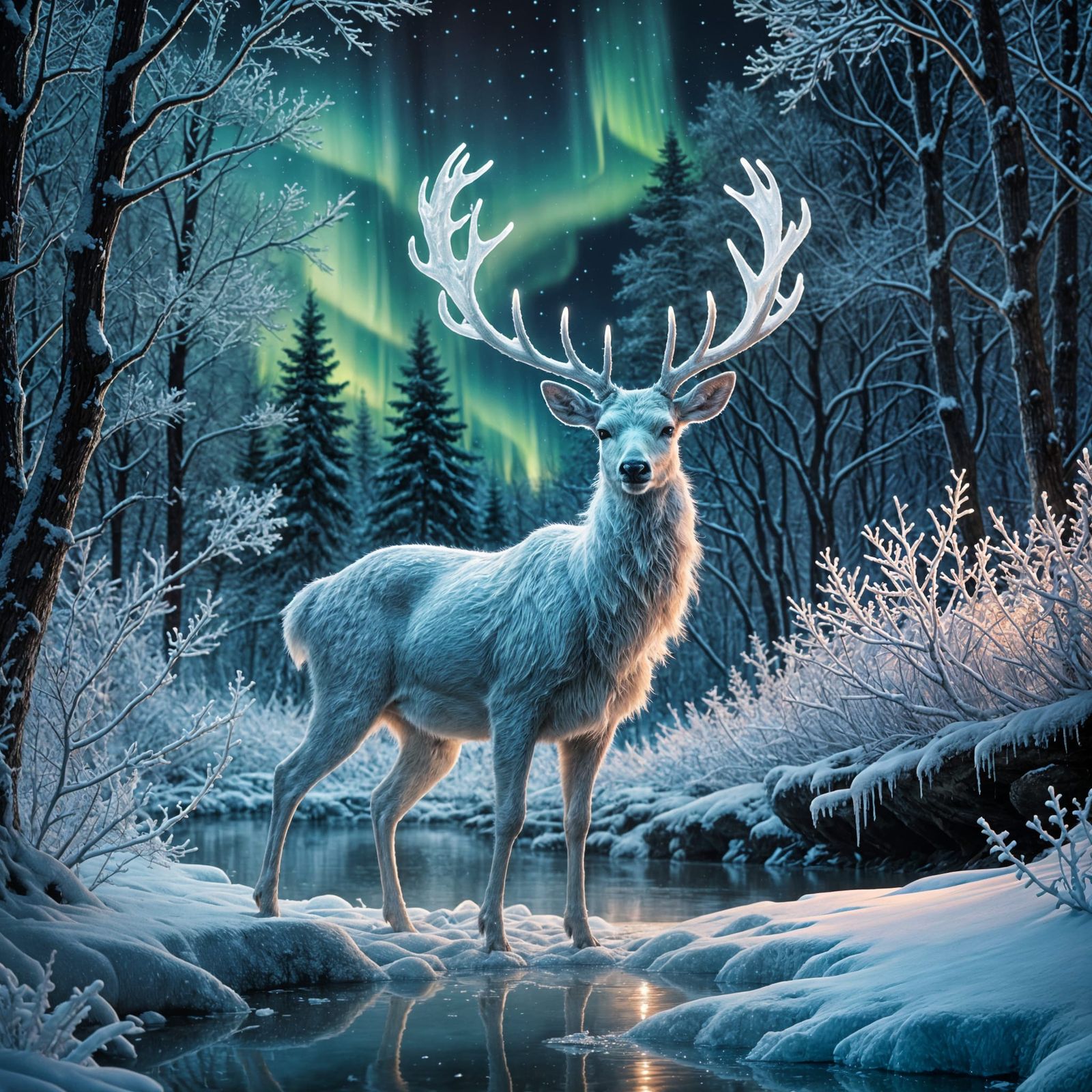 Glowing Ice Deer in Frozen Winter Forest