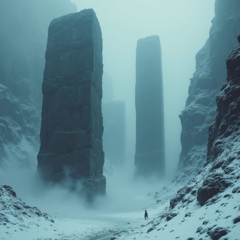 Mountains of Madness: Stone Pillars in Eerie Mist