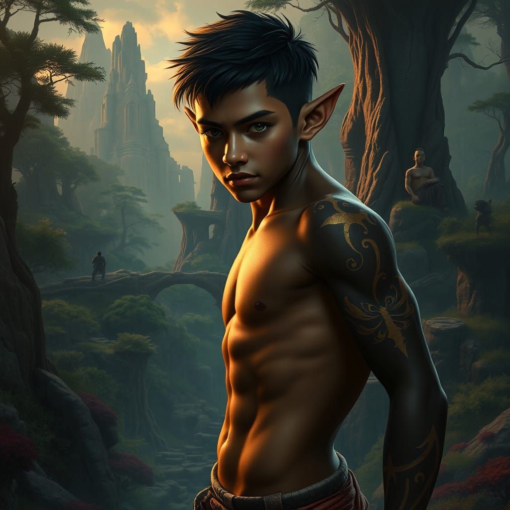 Heroic Dark Skinned Elf Boy with Golden Tattoos in Vibrant F...